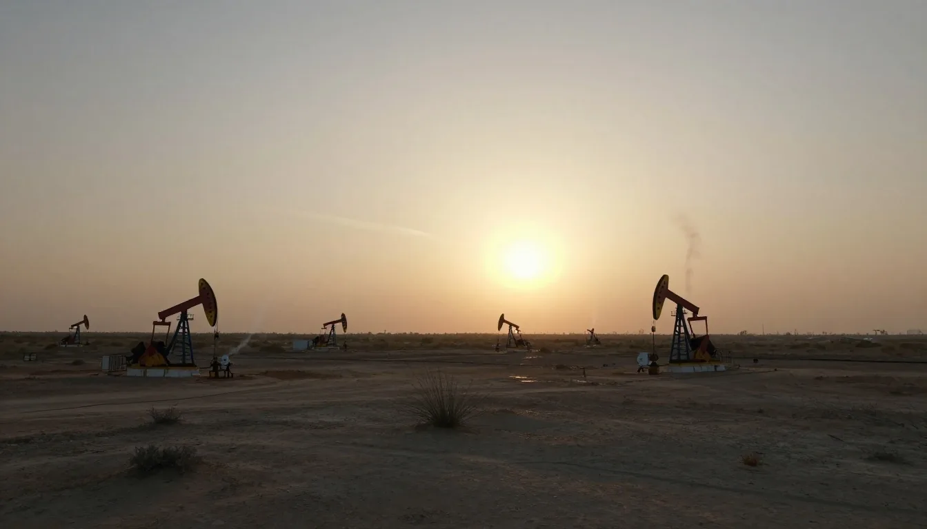 Operaciones de yacimiento petrolero al anochecer vista aérea