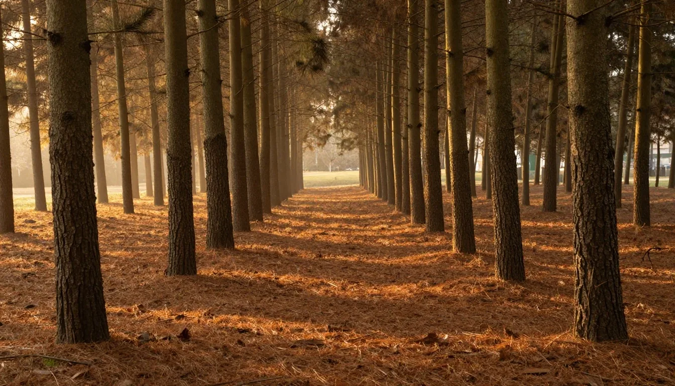 Plantación forestal al anochecer