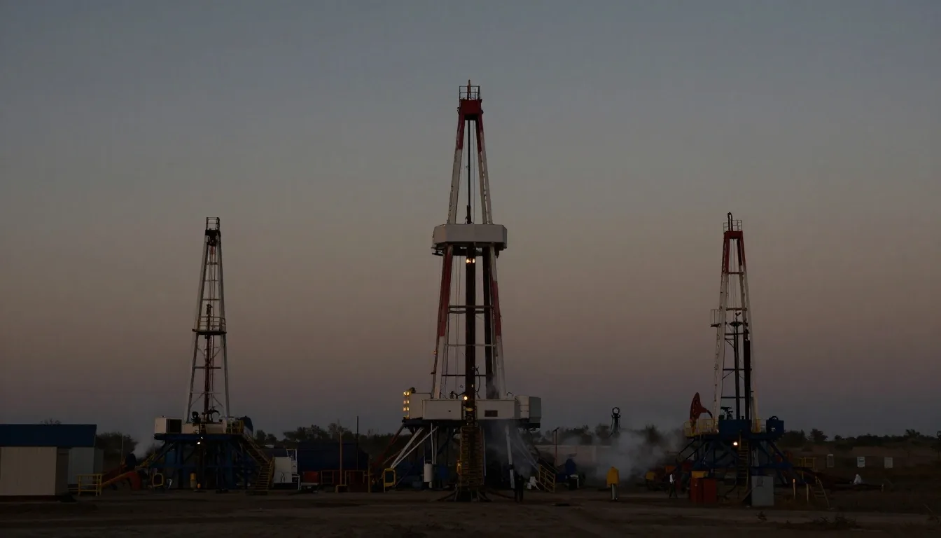 Yacimientos petroleros al anochecer con siluetas de torres de perforación contra un cielo tenue